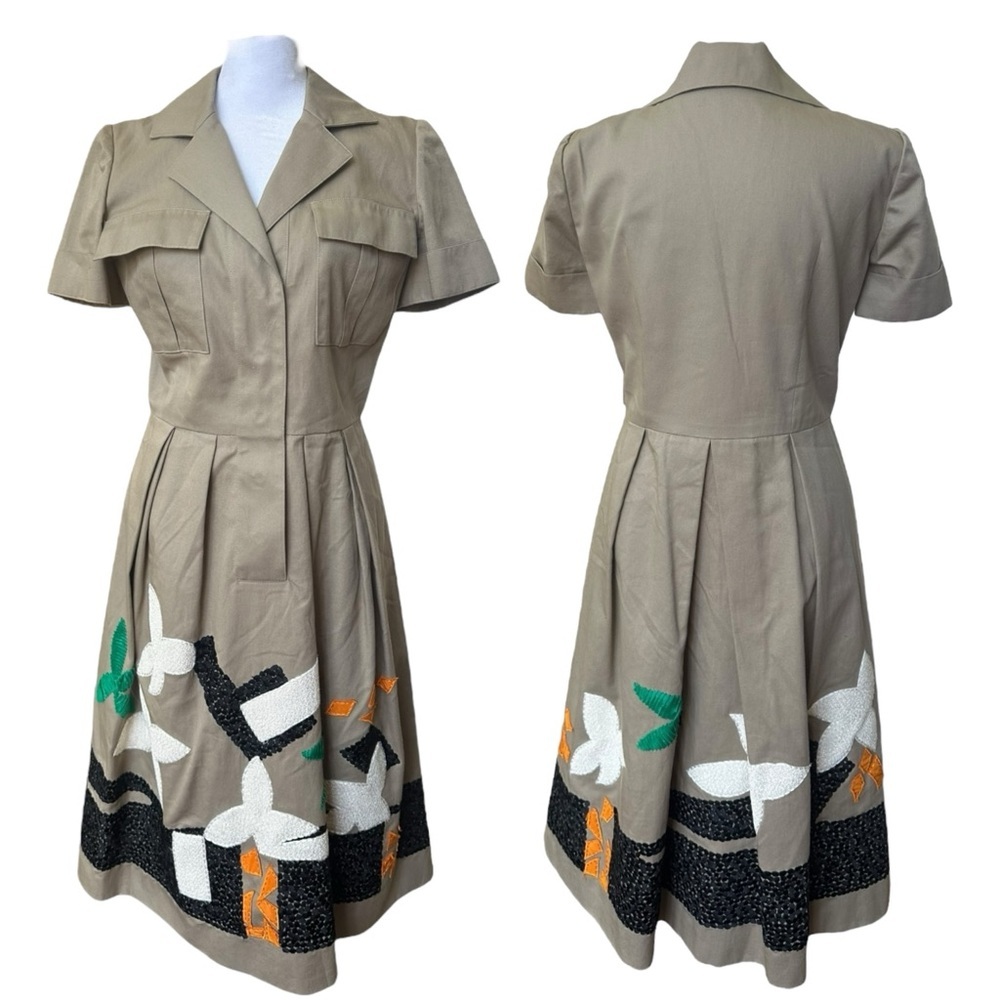 Oscar De La Renta Embroidered Floral Midi Shirt Dress Khaki